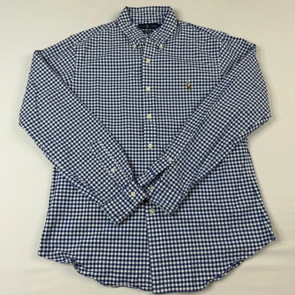 Polo Ralph Lauren Button Down Mens Large Blue Gingham Slim Stretch Oxford Shirt